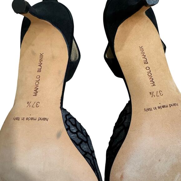 Manolo Blahnik Black Velvet Floral Slingback Heels Textured Fabric Pumps EU 37.5 - Picture 7 of 7
